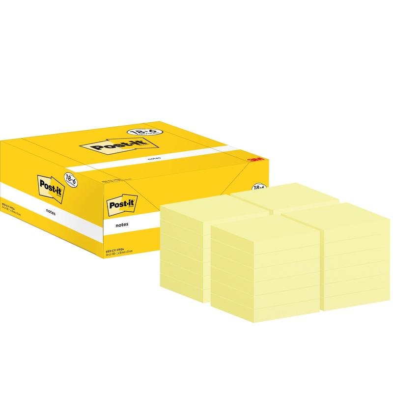 O cutie galbenă de notițe Post-it® de la 3M Deutschland GmbH stă lângă patru stive de notițe galbene (38x51mm, 100 foi/bloc), parte a unui pachet 18+6 gratuit în ambalaj de carton, 100% certificat PEFC.