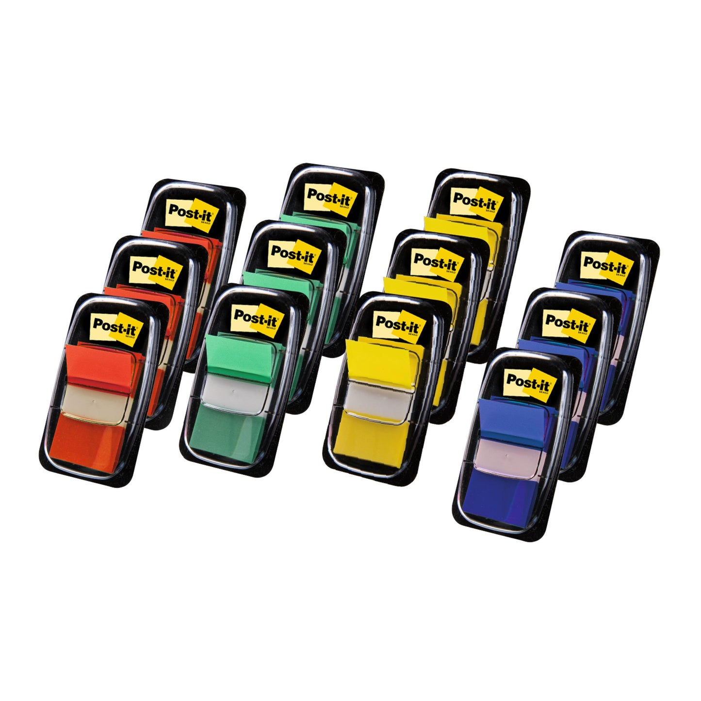 Douăsprezece pachete de benzi adezive Post-it® Index de la 3M Deutschland GmbH, Standard (25,4 x 43,2 mm), cu câte 10 distribuitoare plus 2 gratuite, oferă benzi colorate pentru o organizare eficientă a documentelor - 50 benzi/distribuitor în culori diferite.