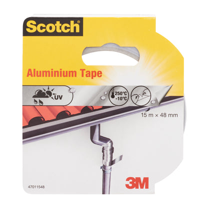 Scotch® Bandă adezivă din aluminiu 47011548 de la 3M Deutschland GmbH (48mm x 15m, Argintiu) oferă rezistență la intemperii, un interval de temperatură de la -10°C la 250°C, protecție UV și este excelentă ca bandă de reparare pentru diverse aplicații. Logo-ul 3M se află în colțul din dreapta jos.