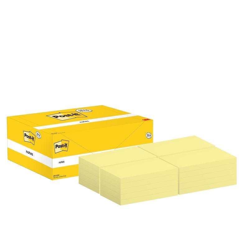 O cutie galbenă de Post-it® Notes de la 3M Deutschland GmbH cu inscripția "Post-it® Notes" arată, la deschiderea capacului, șase stive de foi galbene (76 x 127 mm), aranjate în două rânduri de câte trei lângă cutia de birou.