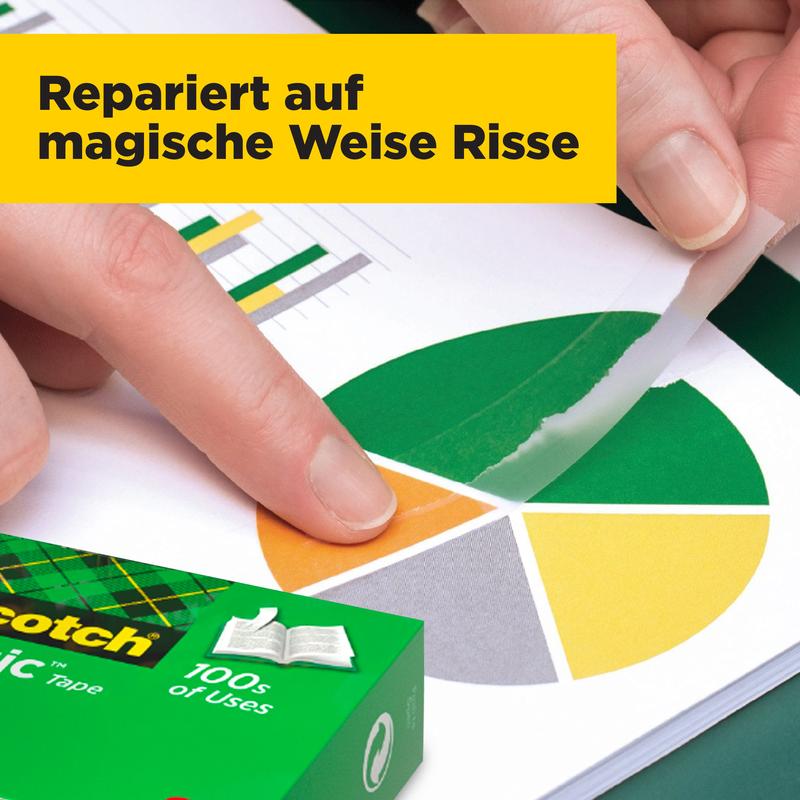 O mână folosește banda invizibilă Scotch® Magic™ de la 3M Deutschland GmbH pentru a fixa un diagramă circulară ruptă și colorată. Pe bannerul galben de deasupra scrie „Repară magic fisurile”. În prim-plan se vede cutia produsului.