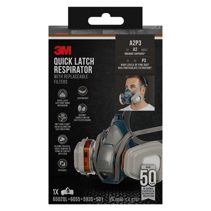 Die Abbildung zeigt eine Schachtel der 3M™ Quick Latch-Atemschutzmaske 6502QLKIT-1 von 3M Deutschland GmbH mit austauschbaren A2P3-Filtern für organische Dämpfe; enthält 1 Maske, 2x6055, 2x5935, 2x501. Die Packung zeigt Produktbilder und Details.