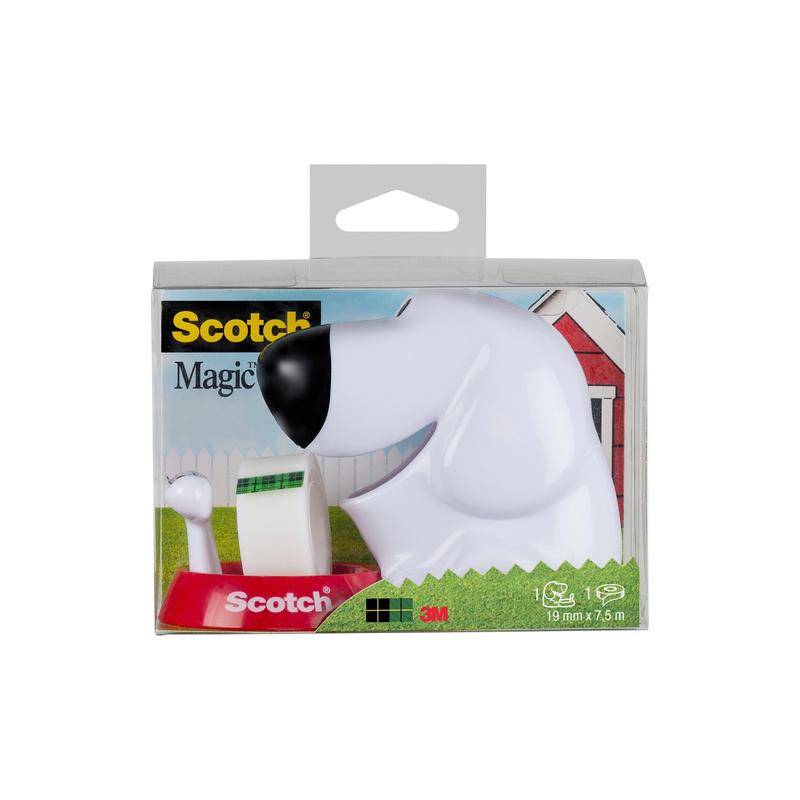 Dispenserul de masă Scotch™ în design de câine C31 cu bandă adezivă Scotch® Magic™ (19 mm x 8,89 m, 1 rolă) de la 3M Deutschland GmbH vine în dispenserul de câine cu ambalaj clar și căsuță de câine de benzi desenate. Perfect pentru rechizite de birou.