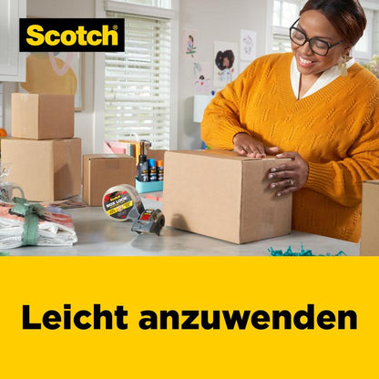 O femeie într-un pulover portocaliu sigilează într-o cameră luminoasă un carton cu bandă adezivă de ambalare Scotch® Box Lock™ 48 mm x 20,3 m de la 3M Deutschland GmbH. Pe masă sunt cutii, distribuitoare de bandă și cadouri împachetate. Textul spune: "Ușor de aplicat.