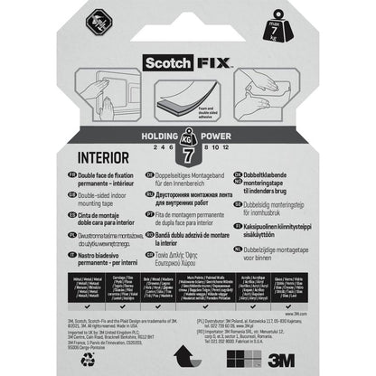 Pe spatele unui ambalaj de bandă de montare interioară dublu adezivă Scotch-FIX™ de la 3M Deutschland GmbH se află instrucțiuni de utilizare, o forță de susținere de 7 kg, detalii de produs în mai multe limbi, simboluri și logo-ul 3M în partea de jos.