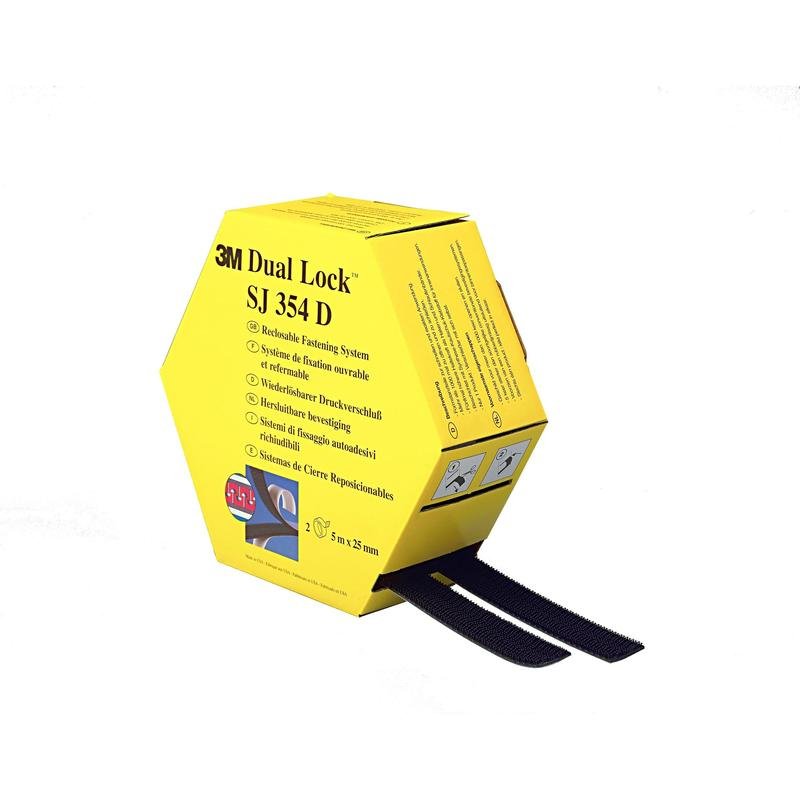 Dispozitiv de fixare flexibil 3M™ Dual Lock™ Seria SJ354, SJ354D, negru, 25 mm x 5 m, 5,7 mm, 40 capete/cm², interior, cutie de distribuire | Pachet (1 bucata)