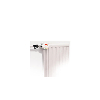 Ein weißer Metallheizkörper mit einem Temperaturregelventil oben links, verstärkt mit 3M Deutschland GmbH Scotch® selbstverschweißendes Reparaturband GFNSP 4704, Schwarz, 25 mm x 3 m; auf weißem Grund.