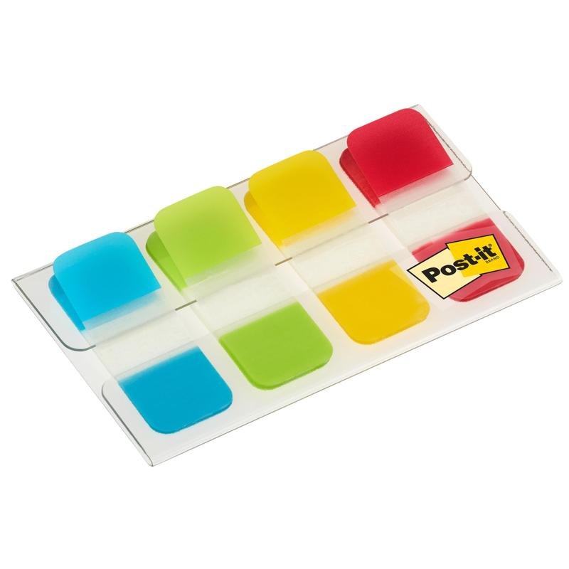 Un pachet de Post-it® Index Strong Ablagetabs, Mini (galben, roșu, albastru, verde), 15,8 mm x 38,1 mm, 40 de benzi adezive/distribuitor de la 3M Deutschland GmbH - ideal pentru organizarea documentelor.