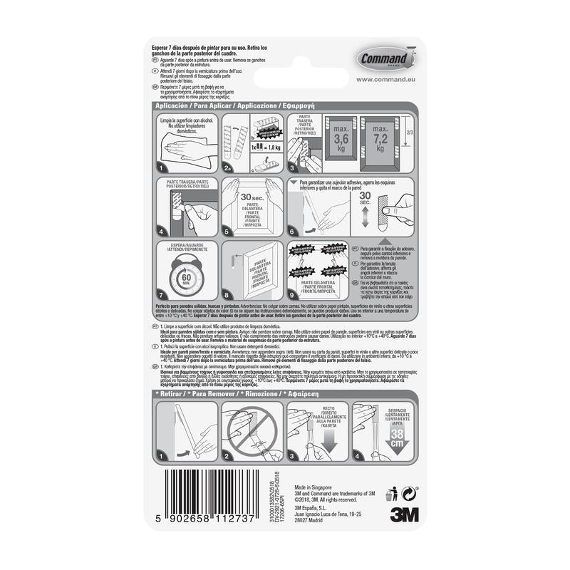Partea din spate a benzilor de montare pentru imagini Command™ L de la 3M Deutschland GmbH, 6 seturi, arată pașii de aplicare/îndepărtare în engleză, spaniolă și franceză cu diagrame, limite de greutate, informații despre producător și cod de bare în partea de jos.