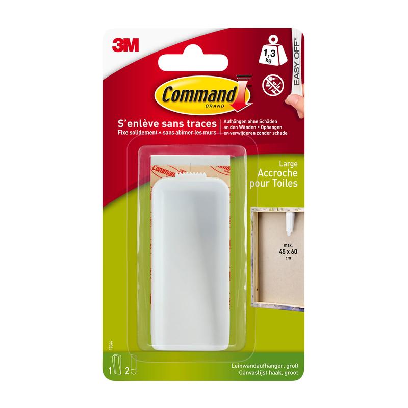 Un pachet de agățători Command™ pentru pânză de la 3M Deutschland GmbH, cu un agățător mare și benzi adezive din plastic transparent pe un fundal verde și roșu cu instrucțiuni și informații despre limita de greutate.
