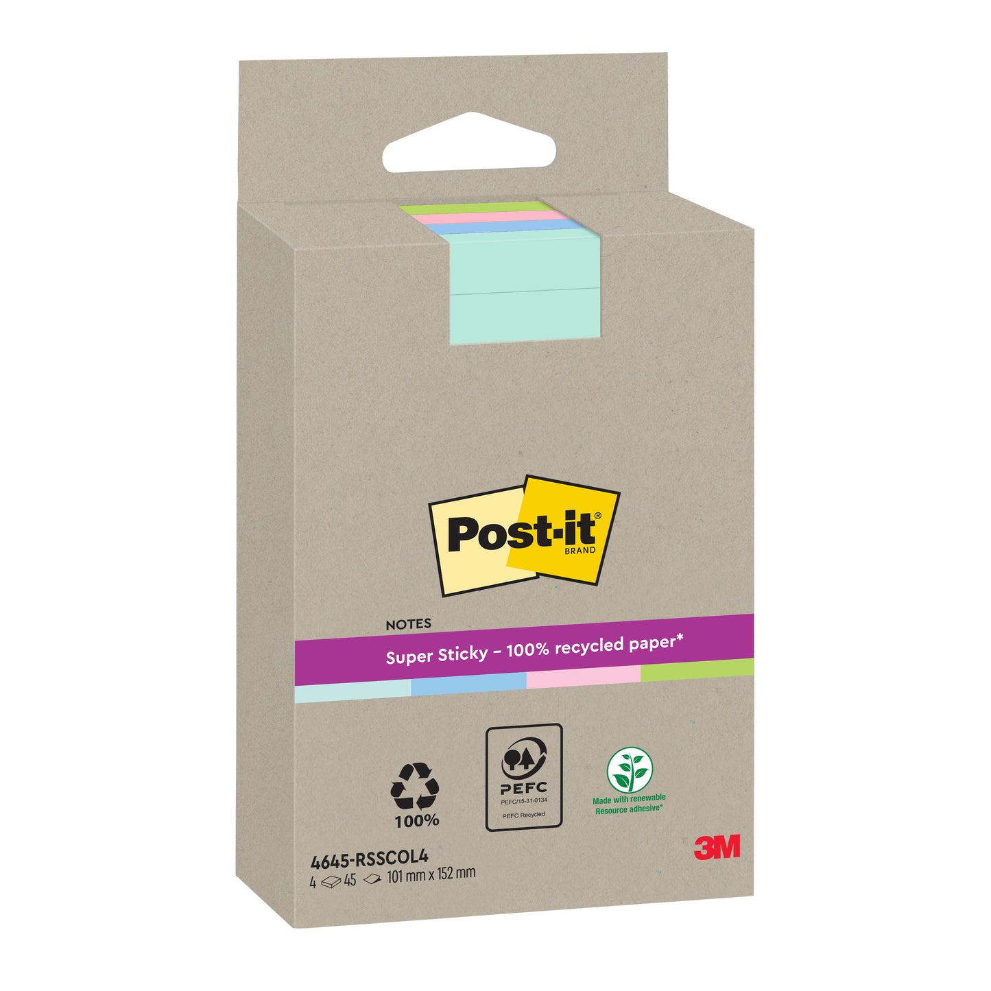 Un pachet de Post-it® Super Sticky 100% Notes de reciclare, liniate și în culori diferite (102x152mm, 45 de foi/bloc, 4 blocuri/pachet), fabricate de 3M Deutschland GmbH din hârtie certificată PEFC (SGSCH-PEFC-COC-110078).