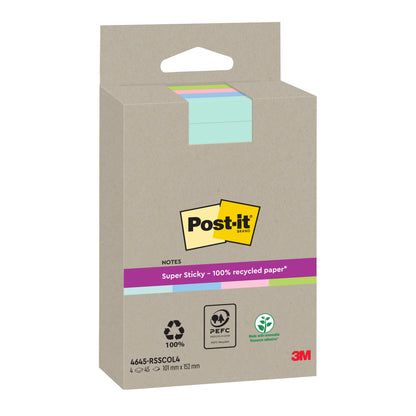 Un pachet de Post-it® Super Sticky 100% Notes de reciclare, liniate și în culori diferite (102x152mm, 45 de foi/bloc, 4 blocuri/pachet), fabricate de 3M Deutschland GmbH din hârtie certificată PEFC (SGSCH-PEFC-COC-110078).