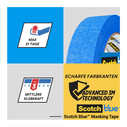 Eine Rolle ScotchBlue™ Malerabdeckband für scharfe Linien von 3M Deutschland GmbH ist mit Etiketten in deutscher und englischer Sprache abgebildet, die auf 21 Tage Haltbarkeit, mittlere Klebekraft, scharfe Farblinien und fortschrittliche 3M Technologie hinweisen.