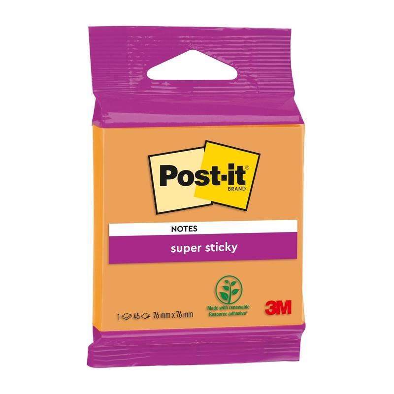 Un pachet de Post-it® Super Sticky Notes de la 3M Deutschland GmbH, 76 mm x 76 mm, portocaliu cu etichetă mov, cu sigla ecologică și 45 de foi din hârtie certificată 100% PEFC.