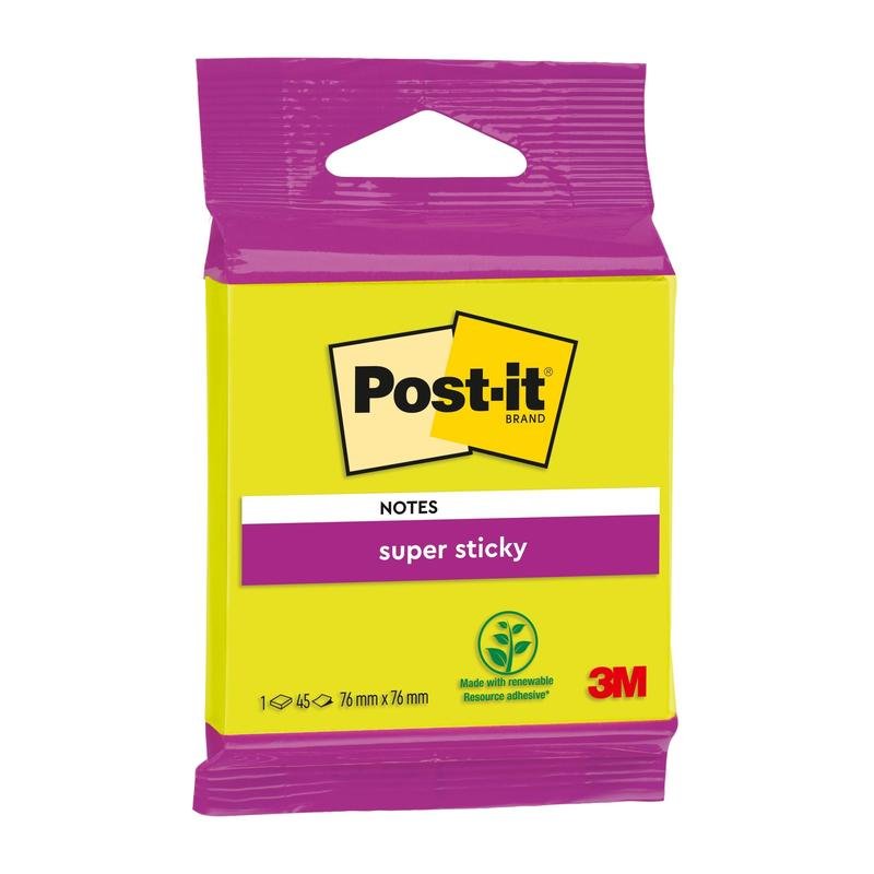 Notițele Post-it® Super Sticky de la 3M Deutschland GmbH, 76 mm x 76 mm, 45 foi/bloc, într-un ambalaj galben cu accente mov, au un adeziv din resurse regenerabile și sunt certificate PEFC.
