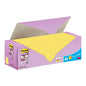 O cutie de Post-it® Super Sticky Z-Notes 3M în galben (76 x 76 mm) cu ambalaj de carton mov poartă inscripția „20 blocuri + 4 gratuit/ambalaj” și conține 90 de foi/bloc, fabricate din hârtie certificată 100% PEFC.