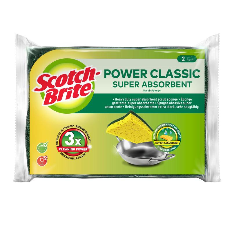 Un pachet de bureți de curățare Scotch-Brite® Classic de la 3M Deutschland GmbH în verde și alb, cu doi bureți galben-verzi și un vas, evidențiază "puterea de curățare triplă" și conține 2 bucăți.
