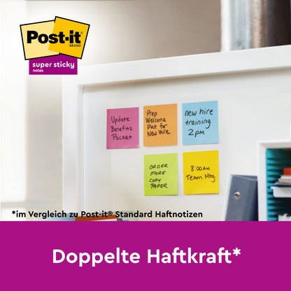 Un panou alb arată amintiri pe 3M Post-it® Super Sticky Notes 654-6SS-PPNK, roz, 76x76mm, 90 foi/bloc, 6 blocuri/pachet. Notițele oferă o aderență de două ori mai mare decât notițele adezive standard și sunt certificate PEFC (SGSCH-PEFC-COC-110078).