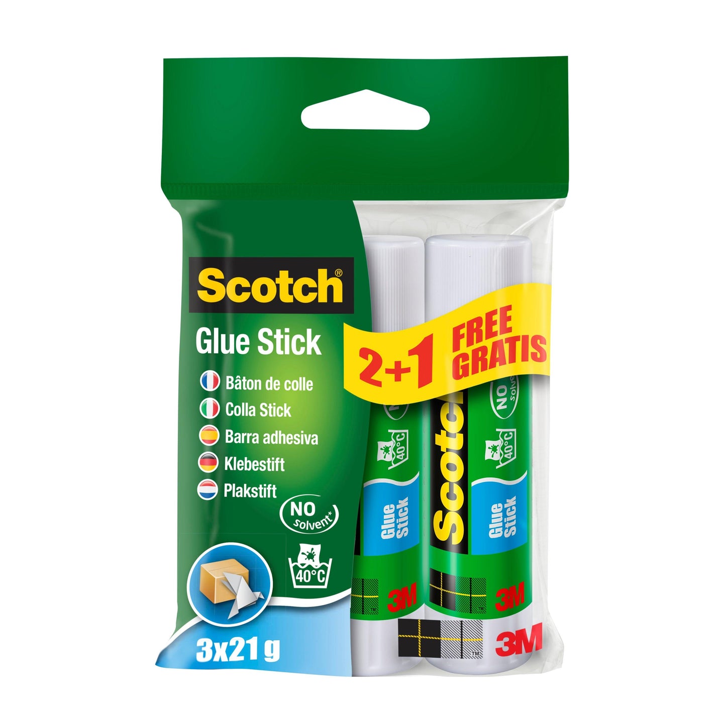 Ein Dreierpack Scotch® Permanent-Klebestift (2 Stifte + 1 GRATIS, 21 g) der 3M Deutschland GmbH kommt in einer grün-klaren Verpackung mit mehrsprachiger Produktinformation und der charakteristischen permanenten Klebestift-Formel.