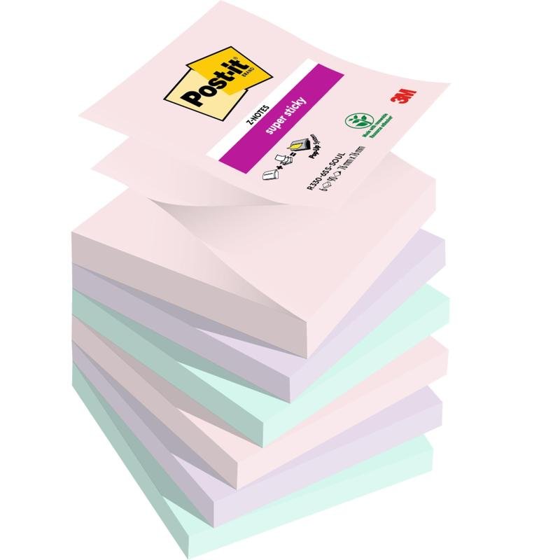 Un teanc de Post-it® Super Sticky Z-Notes în culori pastel (colecția Boost, 76x76 mm, 90 foi, 100% PEFC) este desfăcut. Blocul de deasupra arată logo-ul și informațiile 3M Deutschland GmbH.