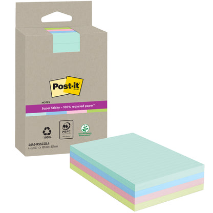 Imaginea prezintă un pachet de 3M Post-it® Super Sticky 100% Notes de reciclare ale 3M Deutschland GmbH cu patru blocuri liniate (102 x 152 mm, câte 45 de foi) în diferite culori, toate realizate din hârtie reciclată certificată PEFC.