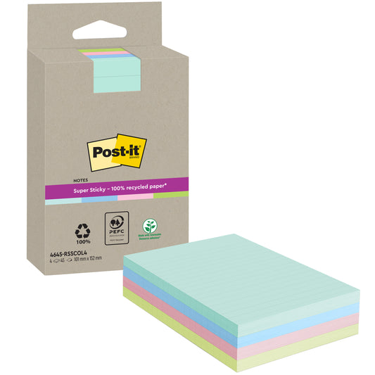 Abgebildet ist eine Packung 3M Post-it® Super Sticky 100% Recycling Notes der 3M Deutschland GmbH mit vier linierten Blöcken (102 x 152 mm, je 45 Blatt) in verschiedenen Farben, die alle aus PEFC-zertifiziertem Recyclingpapier bestehen.