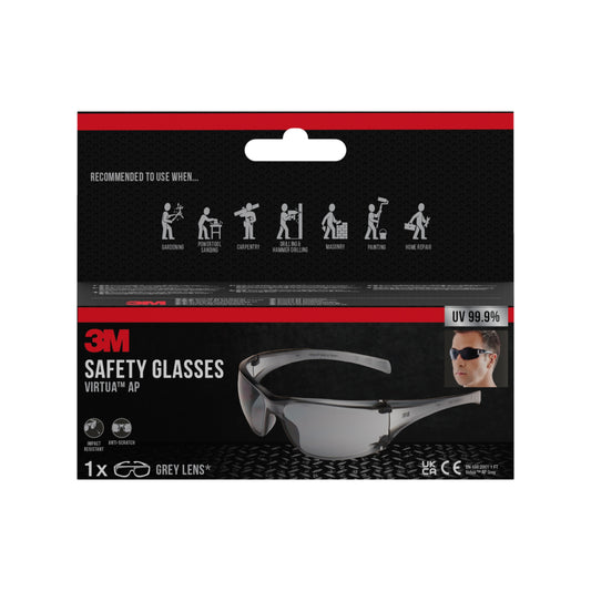Die Abbildung zeigt eine Packung 3M™ Virtua™ AP Schutzbrille mit grauen Gläsern (1 Stück) der 3M Deutschland GmbH. Die Schachtel zeigt die Brille, einen Träger und Symbole, die ihre Verwendung für verschiedene Arbeitsaufgaben vorschlagen.
