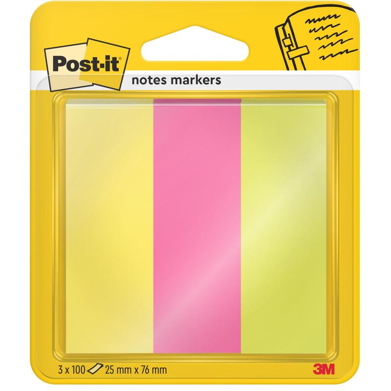 Colecția Energetic de markere de pagină Post-it® de la 3M Deutschland GmbH este compusă din trei blocuri de dimensiunea 25 mm x 76 mm (100 foi/bloc) în culori vibrante și un ambalaj galben cu o fereastră pe care sunt ilustrate marker-ele și logo-urile Post-it și 3M.