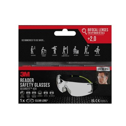 Un pachet de ochelari de protecție pentru citit 3M™ SecureFit™ de la 3M Deutschland GmbH are lentile bifocale clare de +2,0, protecție UV de 99,9% și este recomandat pentru lucrări de tăiat, tâmplărie și vopsit.