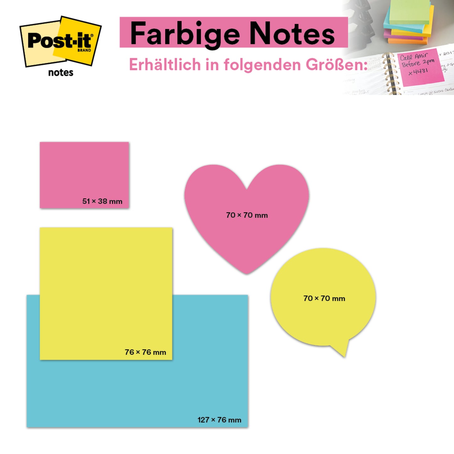 O imagine arată post-it-uri colorate din Beachside Collection de la 3M Deutschland GmbH cu blocuri certificate 100% PEFC în forme roz (38x51 mm), galbene și albastre, o inimă roz și un balon galben de vorbire.