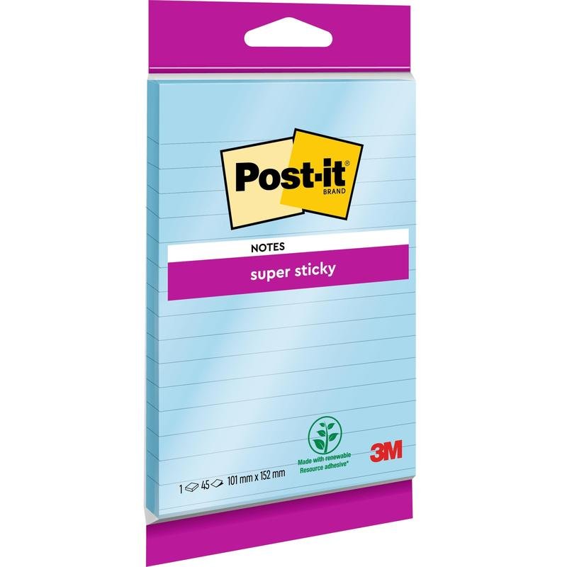 Un pachet de Post-it® Super Sticky Notes de mari dimensiuni, liniuțe (102 x 152 mm, 45 de foi, 100% PEFC) de la 3M Deutschland GmbH cu o aderență extra puternică.