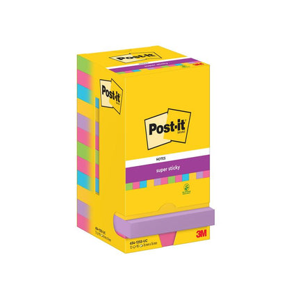 Un pachet de 5 Post-it® Super Sticky Notes de la 3M Deutschland GmbH, fiecare de 76 mm x 76 mm cu 90 de foi pe bloc, se află într-o cutie galbenă cu logo-ul Post-it și informații despre produs pe față și pe spate.