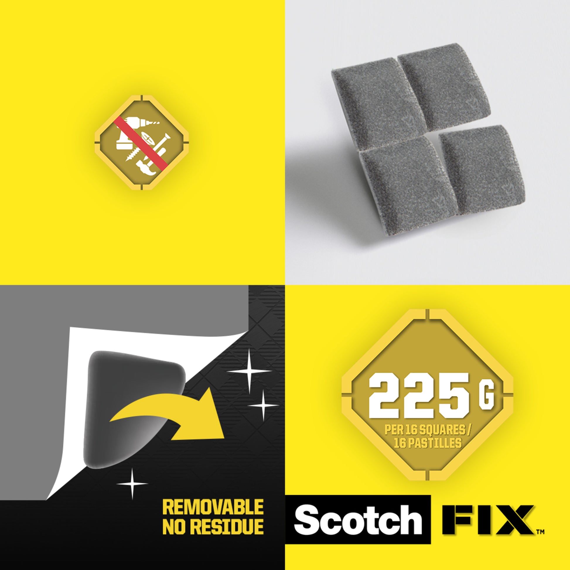 Ein Produktbild in vier Quadranten zeigt Klebequadrate, ein No-Nails-Symbol, ein ablösbares Etikett und den Text "225G pro 16 Quadrate" und "Scotch-FIX™" für 3Ms Scotch-FIX™ Ablösbare Montagequadrate, 12,7 mm, 64 Stück/Packung.