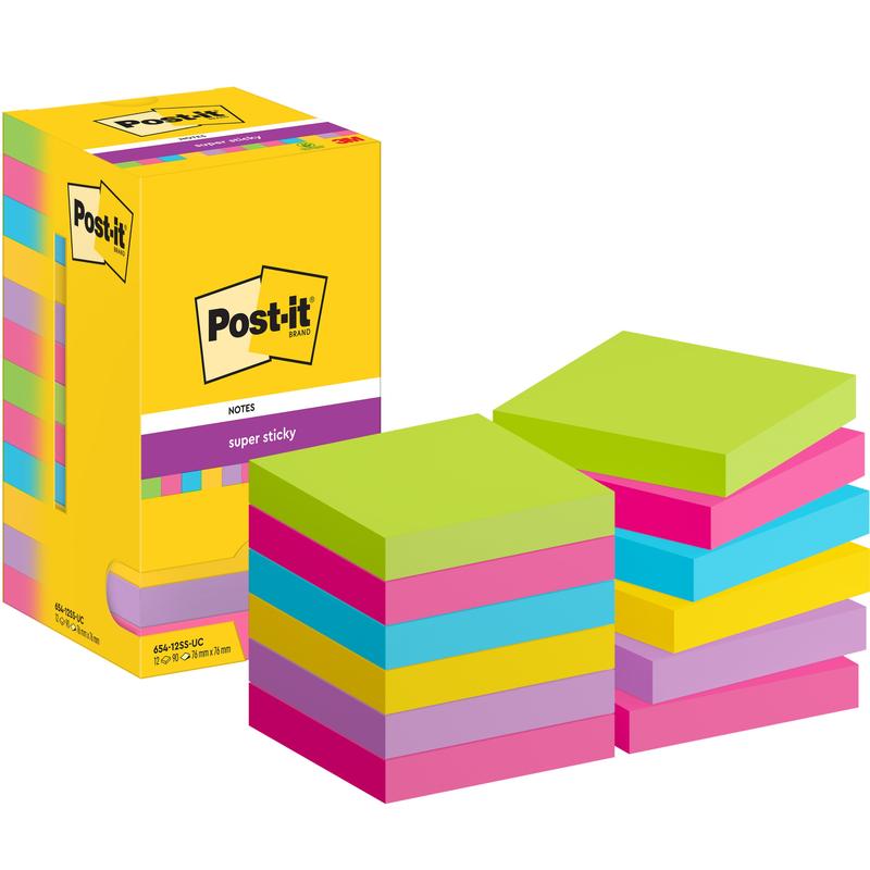 O cutie de Post-it® Super Sticky Notes (76 mm x 76 mm, 90 foi/bloc) de la 3M Deutschland GmbH cu trei teancuri de bilețele colorate sortate - roz, galben, verde și albastru - aranjate în față.