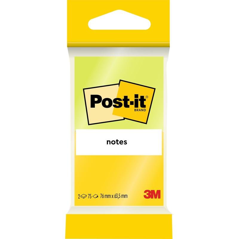 Este ilustrat un pachet galben-verde de notițe Post-it®, Joyful Collection (76 mm x 63,5 mm), de la 3M Deutschland GmbH. Partea din față arată logo-ul, numele produsului, dimensiunea și conține 2 blocuri de câte 75 de foi cu certificare 100% PEFC.