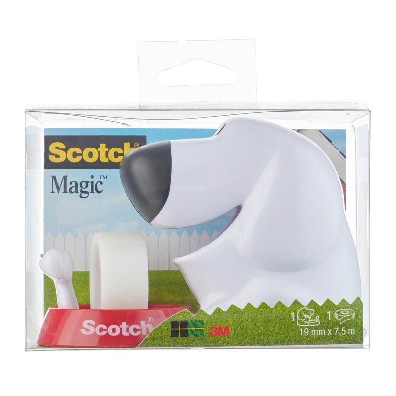 Dispenserul de masă Scotch™ în design de câine C31 cu bandă adezivă invizibilă Scotch® Magic™ (19 mm x 8,89 m, 1 rolă/pachet) de la 3M Deutschland GmbH este ideal pentru rechizite de birou și vine într-o cutie cu logo-ul mărcii și informații despre produs.
