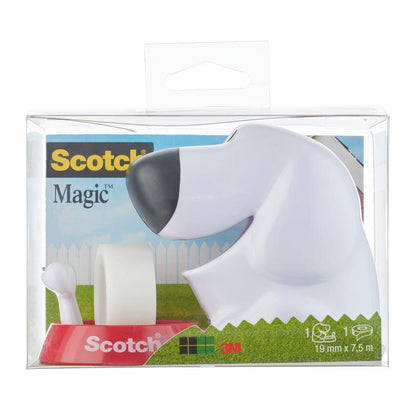 Dispenserul de masă Scotch™ în design de câine C31 cu bandă adezivă invizibilă Scotch® Magic™ (19 mm x 8,89 m, 1 rolă/pachet) de la 3M Deutschland GmbH este ideal pentru rechizite de birou și vine într-o cutie cu logo-ul mărcii și informații despre produs.