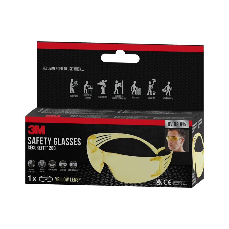 O cutie cu ochelari de protecție 3M™ SecureFit™ 200 de la 3M Deutschland GmbH cu lentile galbene. Ambalajul arată imaginea produsului, caracteristicile și simbolurile pentru utilizare la șlefuire, în tâmplărie, în industria auto, la prelucrarea mecanică, la vopsire și la prelucrarea lemnului.