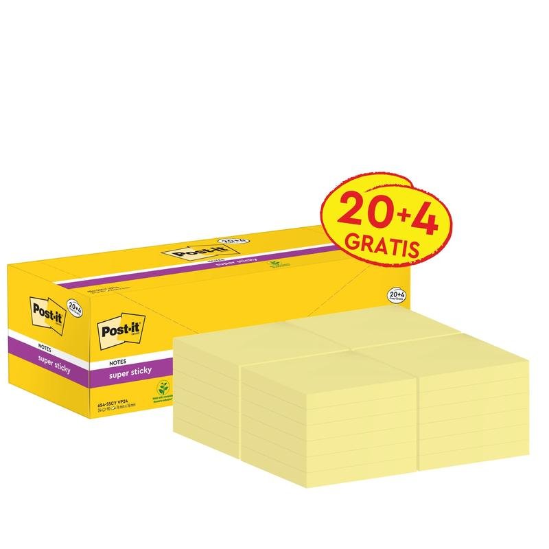 Este ilustrată o cutie galbenă de Post-it® Super Sticky Notes (76 mm x 76 mm, 90 foi/bloc, 100% PEFC) de la 3M Deutschland GmbH cu cinci teancuri în față; cutia are o etichetă roșu-galbenă „20 + 4 GRATIS”.