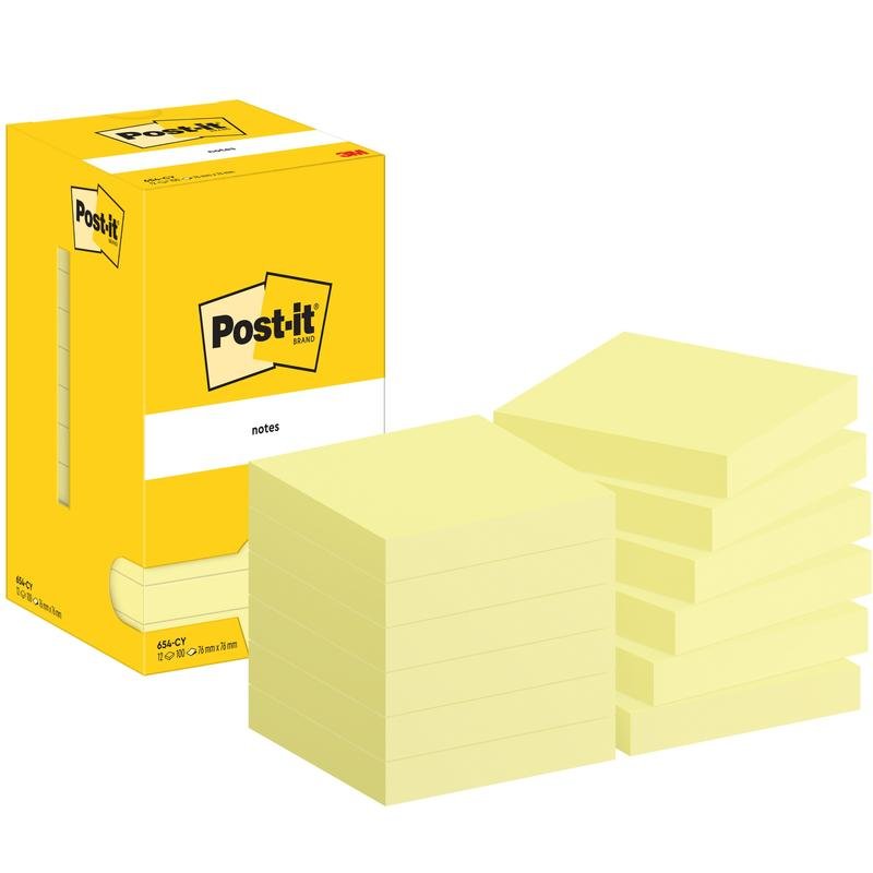 O cutie galbenă de notițe Post-it® de la 3M Deutschland GmbH se află lângă douăsprezece teancuri de notițe galbene (76x76mm, 100 foi/bloc) în ambalaj de carton (100% PEFC). Totul este ordonat pe un fundal alb.