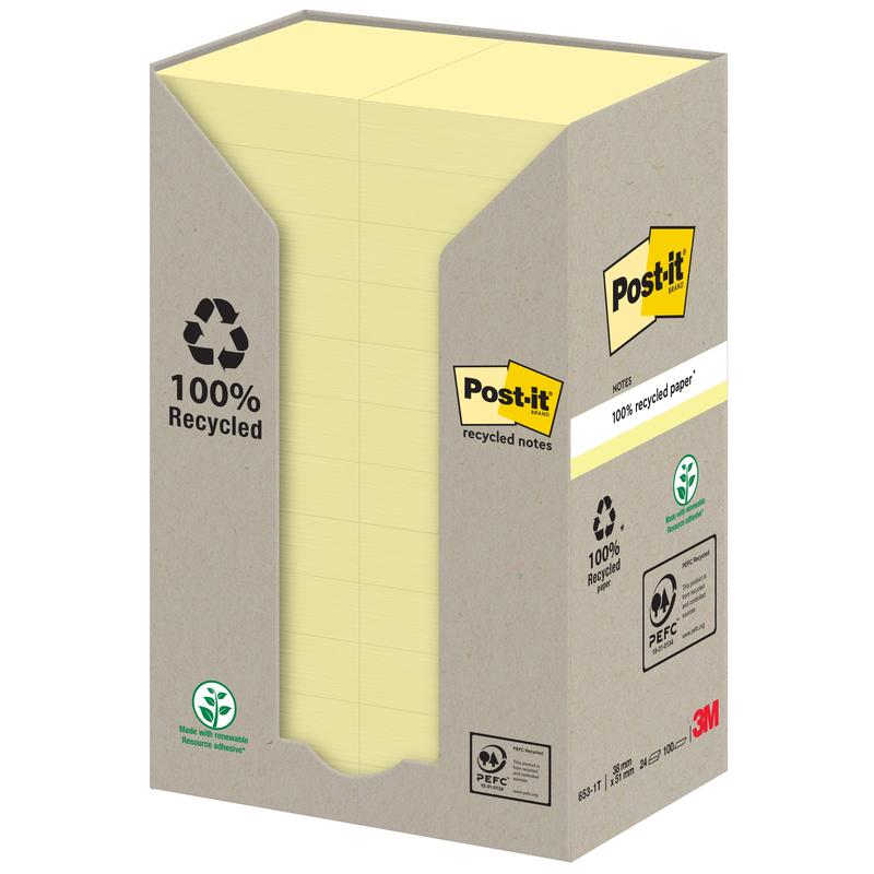 Un distribuitor de carton ține un teanc mare de notițe galbene Post-it® Recycling (38 mm x 51 mm, 100 foi, 100% PEFC). Pe cutie sunt ilustrate simboluri de reciclare și „100% hârtie reciclată”, logo-ul 3M fiind în partea dreaptă jos.