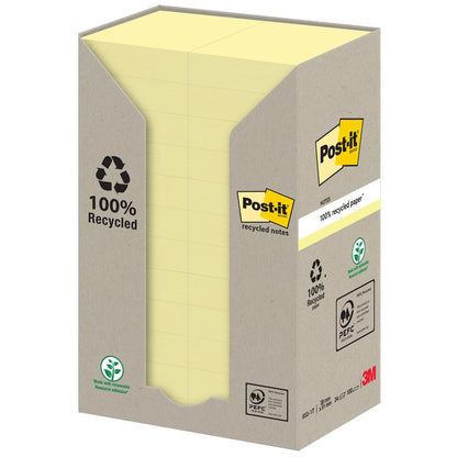 Un distribuitor de carton ține un teanc mare de notițe galbene Post-it® Recycling (38 mm x 51 mm, 100 foi, 100% PEFC). Pe cutie sunt ilustrate simboluri de reciclare și „100% hârtie reciclată”, logo-ul 3M fiind în partea dreaptă jos.