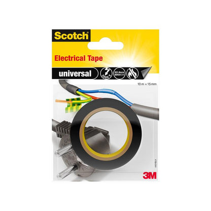 Un pachet de bandă izolatoare universală Scotch® (10 m x 15 mm, 1 rolă) de la 3M Deutschland GmbH, cu o rolă de bandă adezivă neagră, fire colorate, un conector și eticheta "universal". Logo-ul 3M apare în colțul din dreapta jos.
