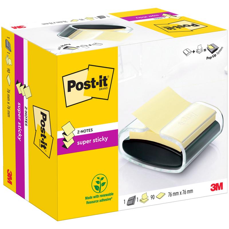 Un distribuitor negru de Z-Notes Post-it® (PRO) cu 90 de foi galbene Super Sticky Z-Notes (76 mm x 76 mm) de la 3M Deutschland GmbH.