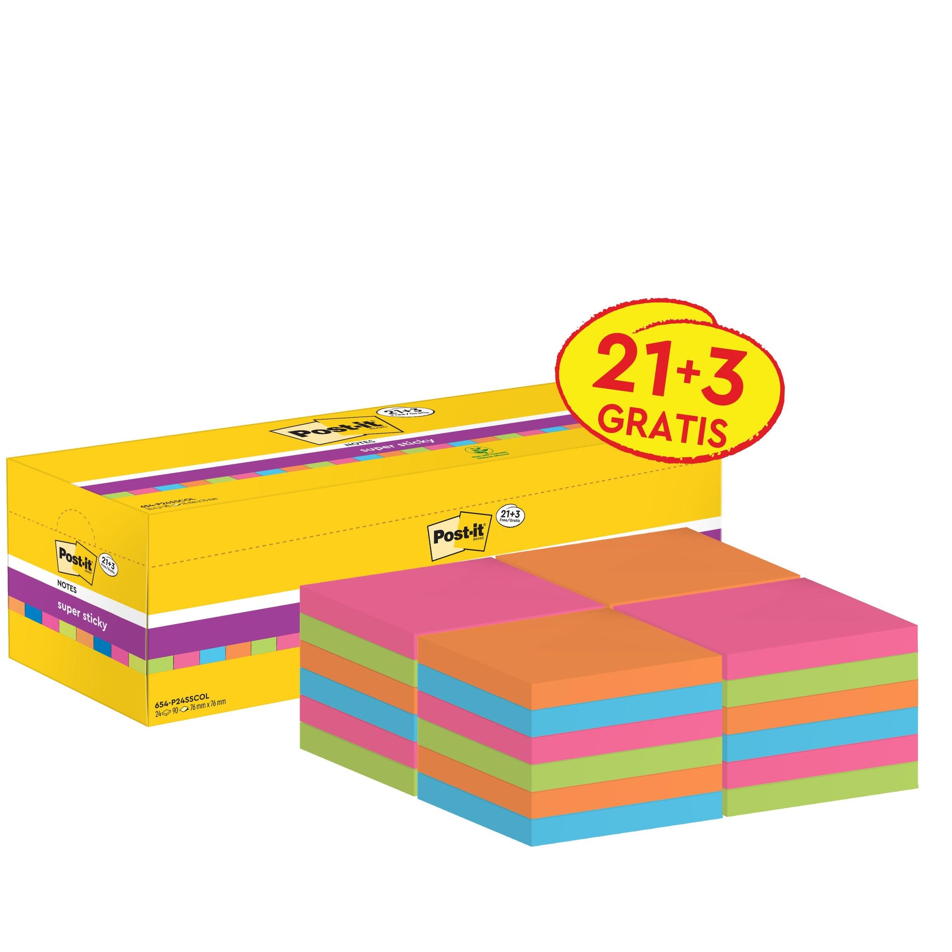 Eine gelbe Packung der 3M Deutschland GmbH Post-it® Super Sticky Notes (76 x 76 mm, 90 Blatt/Block, 100% PEFC) enthält 24 farblich sortierte Blöcke mit dem Aktionsetikett "21 + 3 Gratis".