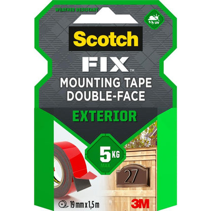 Ambalajul benzii de montaj exterioare dublu adezive Scotch-FIX™ 5412-1915-P (19 mm x 1,5 m, 1 rolă) de la 3M Deutschland GmbH arată proprietățile sale rezistente la intemperii și capacitatea de încărcare de 5 kg, cu o fotografie care arată un semn cu numărul casei.