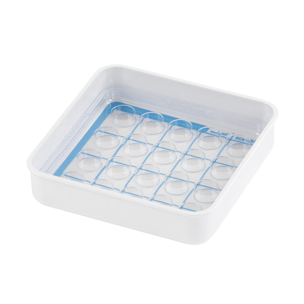 Tava pentru pahare melipul 20x1-26 de la Helmut Schwarz GmbH este un recipient de depozitare alb, pătrat, din plastic, cu capac transparent, special conceput pentru a găzdui 16 articole individuale în compartimente separate, vizibile de sus.