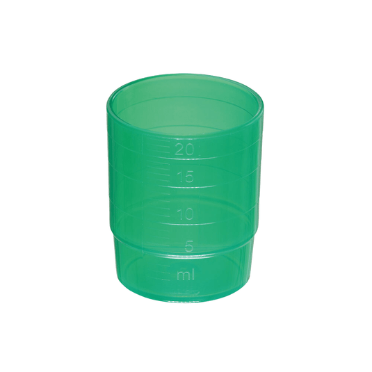 Un pahar pentru medicamente melipul REUTILIZABIL, stivuibil, de 25 ml, în diverse culori, produs de Helmut Schwarz GmbH, fabricat din polipropilenă, potrivit pentru spălarea în mașina de spălat vase, cu marcaje laterale de măsurare în mililitri (ml). Marcajele indică nivelurile de umplere de 5 ml, 10 ml, 15 ml și 20 ml. Paharul pentru medicamente stivuibil este gol și așezat pe un fundal alb.