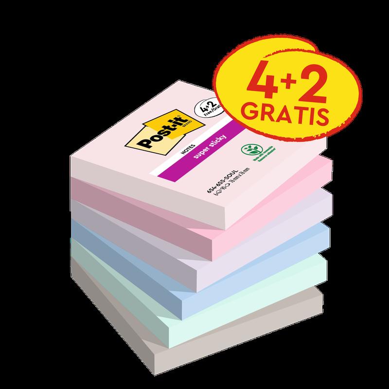 Post-it® Super Sticky Notes, Soulful Collection, 76 mm x 76 mm, Promoție, 90 coli/pad, 4 tampoane + 2 gratuite/pachet, 100% PEFC, SGSCH-PEFC-COC-110078 | Pachet (6 bucăți)