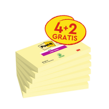 Note post-it® super lipicioase, galbene, 76 mm x 127 mm, promoție, 90 coli/pad, 4 tampon + 2 gratuit/pachet, 100% PEFC, SGSCH-PEFC-COC-110078 | Pachet (6 bucăți)